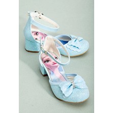 SGF Kids Mavi Çocuk Karakterli Deri Topuklu Abiye Ayakkabı Kadın İçin Kalın Taban