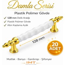 İmt Aksesuar Damla Lüks Polimer Mobilya Kulpu 128 mm Beyaz-Altın 20 Adet Mutfak Dolabı Çekmece Vestiyer Kulpu