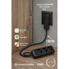 3lü Siyah Priz 3m Ince Fiş Uzatma Kablosu %100 Bakır Kablo Mobilya Arkası