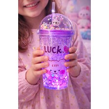 Biton Toptan Bear Suluk Pipetli Buzlu Cam Görünümlü LED Işıklı 450 ml Çift Katman Mika 2093 Mor