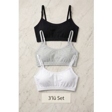 3'lü Set Pamuklu Basic Bralet | Çıkarılabilir Pedli, Ayarlanabilir Ip Askılı - Siyah + Beyaz + Gri