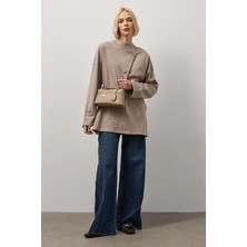 Molene Bej Oversize Kesim Uzun Kollu Basic T-Shirt