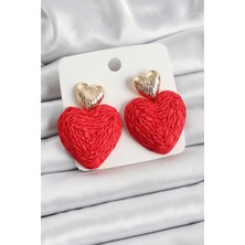 Bazarhane Kırmızı Kalp Figürlü Hasır Örgü Model Gold Renk Kadın Küpe