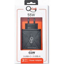 Qcell Super Fast Charger 6 Port 55 Watt Gan Siyah Adaptör Süper Hızlı Şarj