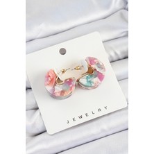 Bazarhane Pirinç Mermer Desenli Vintage Yarım Halka Model Gold Renk Kadın Küpe