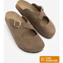 Marjin Kadın Hakiki Deri Önü Kapalı Eva Taban Çapraz Bantlı Günlük Süet Sabo Terlik Menifa Kahve Süet