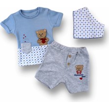 DMR Elegance 3-6 6-9 9-12 12-18 Ay Romantik Ayıcık Nakışlı Bandajlı Kısa Kollu Sweatli 3lü Kız-Erkek Bebek Takımı Mavi