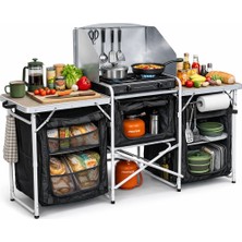 Haegs Kamp Mutfağı, Katlanır Alüminyum Kamp Tezgahı Masası Kamp Masası (3 Dolaplı - Kumaş Desenli)