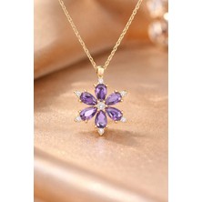 Genel Mor Taşlı Lotus Çiçeği Çelik Kolye | Altın Renk | Zirkon Taşlı | Kararmaz & Alerji Yapmaz