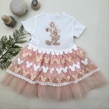 DMR Elegance 1-2-3 Yaş Payetli Mickey Baskılı Brode Etekli Kız Bebek Elbisesi Pudra