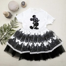 DMR Elegance 1-2-3 Yaş Payetli Mickey Baskılı Brode Etekli Kız Bebek Elbisesi Siyah