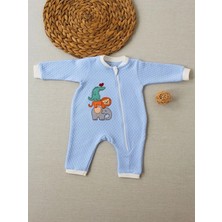 DMR Elegance 6-9 12-18 18-24 24-36 Ay Animal Nakışlı Bal Peteği Kumaş Es Fermuarlı Erkek Bebek Tulumu Mavi