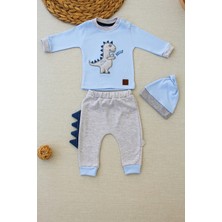 DMR Elegance 3-6 6-9 9-12 Ay Minik Dino Nakışlı Şapkalı Uzun Kollu Sweat 3lü Kız-Erkek Bebek Takımı Mavi