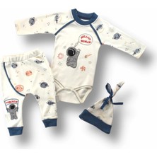 DMR Elegance 3-6 6-9 9-12 Ay Şirin Kozmonot Nakışlı Şapkalı Uzun Kollu Zıbınlı 3lü Kız-Erkek Bebek Takımı Ekru