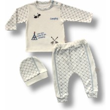 DMR Elegance 3-6 6-9 9-12 Ay My Camping Nakışlı Şapkalı Uzun Kollu Sweatli 3lü Erkek Bebek Takımı Ekru