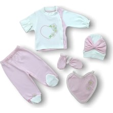 DMR Elegance Baharın Çiçekli Kalbi Nakışlı  5li Zıbın Takımı Hastane Çıkışı Pembe