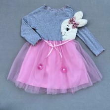 DMR Elegance 5-6-7 Yaş Pelüş Tavşan Desenli Kurdela Kuşaklı Astarlı Kız Çocuk Tütü Elbise Pembe