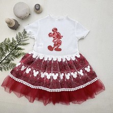 DMR Elegance 1-2-3 Yaş Payetli Mickey Baskılı Brode Etekli Kız Bebek Elbisesi Kırmızı