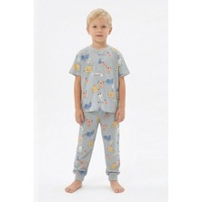 Bunny Hopp Erkek Çocuk %100 Pamuk Süprem Pijama Takımı - Kısa Kollu Manşetli Yazlık Pijama - Gri Hayvan Desenli