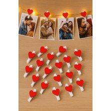 Genel 25 Adet Kırmızı Kalpli Mini Ahşap Mandal – Dekoratif Fotoğraf Askısı, LED Işık Süsü Mandalı Süsü
