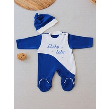 DMR Elegance 0-3 3-6 Ay Lucky Baby Nakışlı Es Çizgi Boy Şapkalı Erkek Bebek Tulumu Lacivert