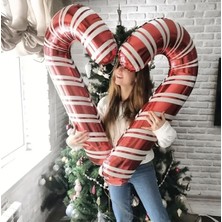 Genel 2 Adet Kırmızı Beyaz Çizgili 85X40 cm Noel Şeker Kamışı Folyo Balon Seti – Yılbaşı Parti Dekoru