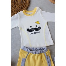 DMR Elegance 3-6 6-9 9-12 Ay Gentleman Erkek Nakışlı Şapkalı Uzun Kollu Sweat 3lü Erkek Bebek Takımı Sarı