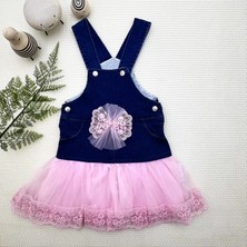 DMR Elegance 2-3-4 Yaş Fiyonklu Düğme Detaylı Tül Etek Kot Kumaş Salopet Kız Çocuk Elbisesi Lacivert-Pembe