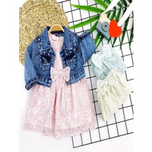 DMR Elegance 2-3-4-5 Yaş Kot Ceketli Astarlı Güpürlü 2li Kız Çocuk Elbisesi Yeşil