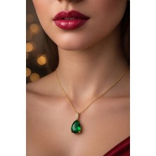 Genel Yeşil Damla Model Çelik Kolye – Zirkon Taşlı, Kararmaz & Suya Dayanıklı - Altın Renk
