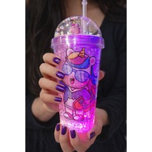 Biton Toptan Unicorn Temalı LED Işıklı Suluk Buzlu Cam Görünümlü 450 ml Çift Katman Mika Su Şişesi 2646 Mor