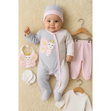 DMR Elegance Kelebek Nakışlı Tulumlu % 100 Pamuk Kız Bebek 5'li Set