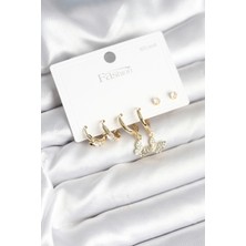 Bazarhane Gold Renk Pirinç Kelebek Model 925 Ayar Gümüş Çivili Kadın Küpe Seti