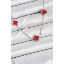 Bazarhane 316L Çelik Zincir Gümüş Renk Kırmızı Baby Boy Yonca Kadın Kolye