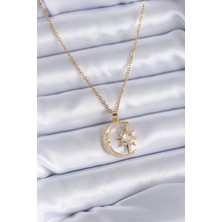 Tiklad 316L Çelik Gold Renk Zirkon Taşlı Ay Yıldız Model Kadın Kolye