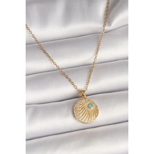 Tiklad 316L Çelik Gold Renk Zincir Zirkon Taş Işlemeli Mavi Taş Detaylı Madalyon Model Kadın Kolye