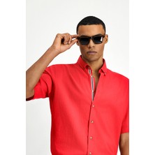 Kiğılı Kısa Kol Regular Fit Düğmeli Yaka Keten Görünümlü Pamuk Spor Gömlek