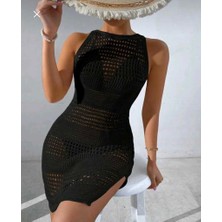 AlanTeks Ajurlu Desen Bikini Üstü Bisiklet Yaka Kolsuz Plaj Elbisesi