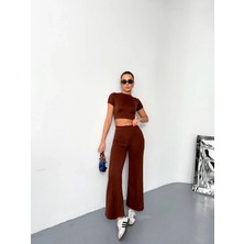 Marsilyan Osy Modal Yumuşak Dokulu Kumaş Kısa Kollu Crop Alt Ispanyol Paça Pantalon Ikili Takım - Kahverengi -