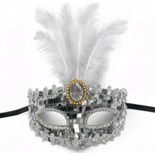 Aesco Lüks Gümüş Tüylü Taşlı Balo Maskesi - Lisinya