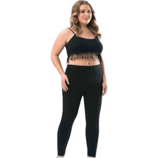 Aesco Kota Büyük Beden Kadın Uzun Paça Likralı Sporcu Düz Tayt Siyah 4000