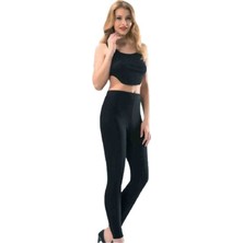 Aesco Kota Kadın Uzun Paça Katlamalı Likralı Sporcu Düz Tayt Siyah 4000