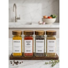 Veyla Style Bambu Kapaklı Standlı 4'lü Cam Baharatlık Seti 120 ml Kare Tasarımlı