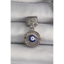 Tiklad 316L Çelik Gümüş Renk Sallantı Zirkon Taşlı Göz Model Nazar Boncuk Detay Nomination Charm