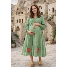 Park Moda %100 Pamuklu Gizli Cepli ve Nakışlı Desenli Yeşil Hamile Gömlek Elbise