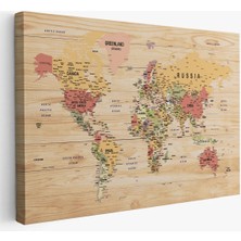 Beta Moda Hub Ahşap Görünümlü Dünya Haritası Ayrıntılı ve Dekoratif Kanvas Tablo