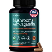 Etta Vita Mushroom+Asvaganda 90 Capsul Lions Mane,chaga,reishi,cordyceps,turkey Tail 10X Adaptogenic Complex Focus-Energy,ımmunity Nootropic.