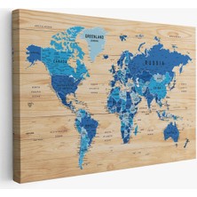 Beta Moda Hub Ahşap Görünümlü Dünya Haritası Ayrıntılı ve Dekoratif Kanvas Tablo