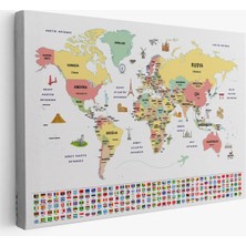 Beta Moda Hub Türkçe Dünya Haritası Ülke Bayrak ve Başkentli Kanvas Tablo