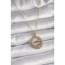 Tiklad 316L Çelik Gold Renk Zincir Gümüş Zirkon Taşlı Daire Model Kadın Kolye